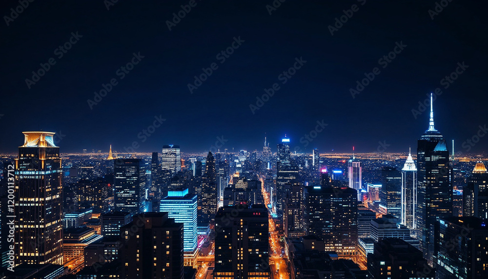 Fototapeta premium Night view of a vibrant city skyline showcasing illuminated buildings and bustling streets in an urban setting