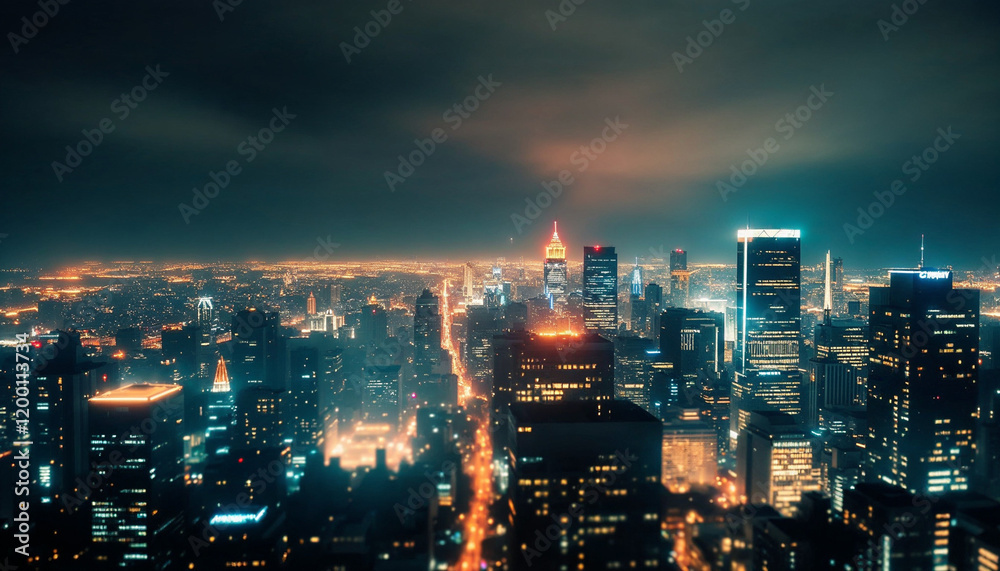 Fototapeta premium Vibrant city skyline illuminated at night with towering buildings and glowing streets