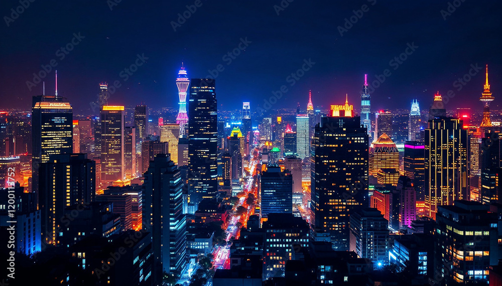 Stunning city skyline illuminated at night showcasing vibrant lights and urban energy Stunning city skyline illuminated at night showcasing vibrant lights and urban energy