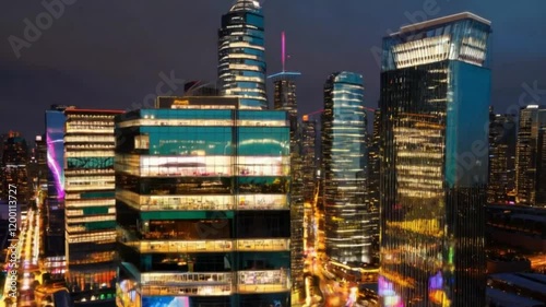 Dynamic Cityscape Animation with Skyscrapers, Moving Traffic, and Vibrant Lights