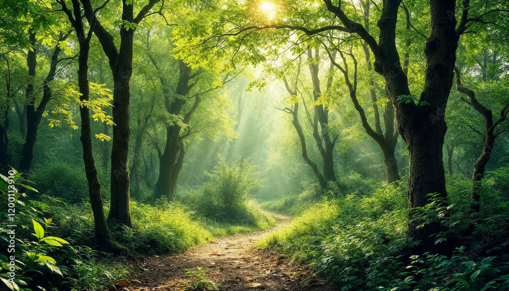 Obraz premium Sunlight filters through lush trees in a peaceful forest path during the early morning hours