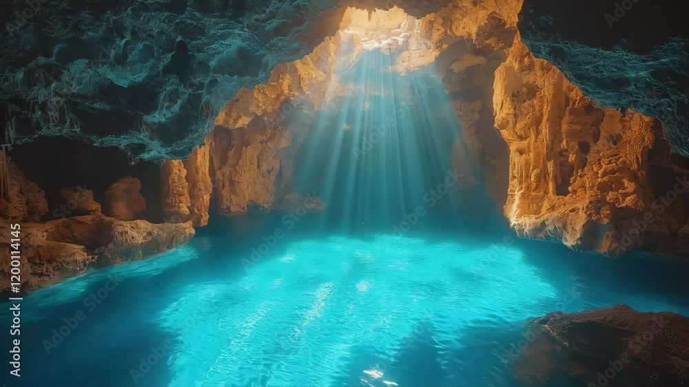 A serene underground cave with sparkling blue water and rays of light illuminating the rocky formations. A serene underground cave with sparkling blue water and rays of light illuminating the rocky formations.