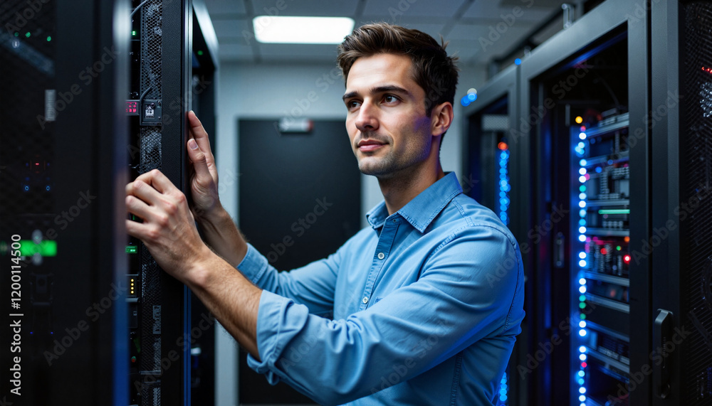 Fototapeta premium Focused IT technician managing servers in modern data center, technology