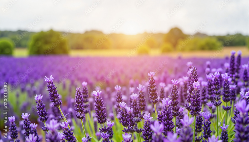 Naklejka premium Blooming lavender field at sunset, serene farm life