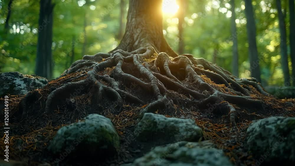 A close-up view of tree roots in a serene forest, with sunlight filtering through the leaves, creating a peaceful atmosphere. A close-up view of tree roots in a serene forest, with sunlight filtering through the leaves, creating a peaceful atmosphere.
