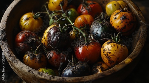 Freshly picked heirloom tomatoes in a wooden bowl, covered in soil.
