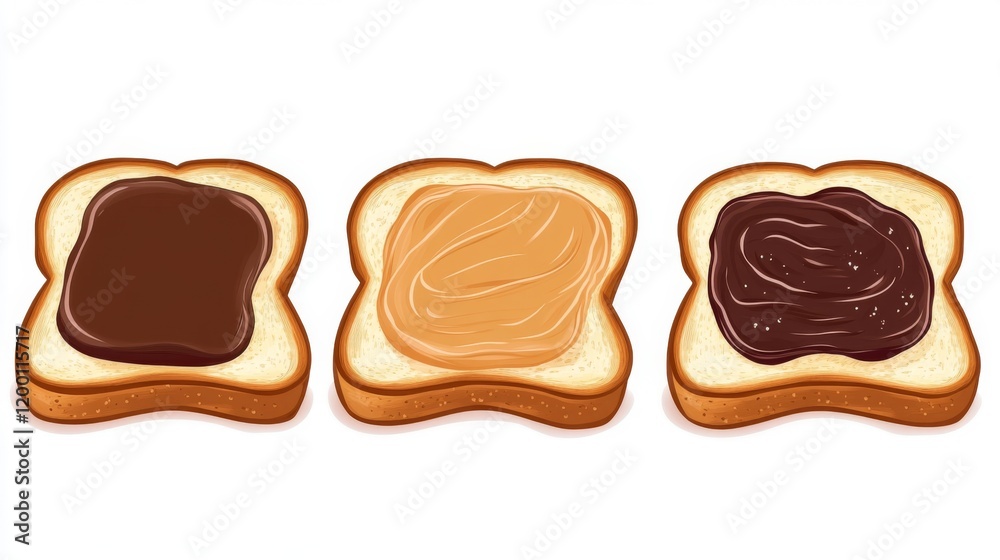 Obraz premium Three slices of toast with different spreads: peanut butter, chocolate, and hazelnut chocolate cream