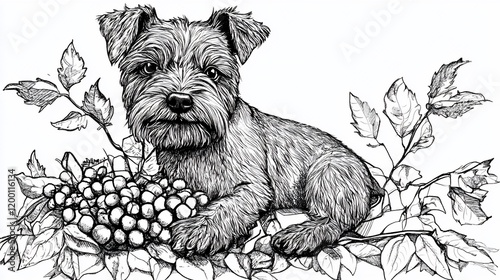 Wallpaper Mural Pen-and-ink drawing of a small terrier-type dog amidst berries and foliage. Torontodigital.ca