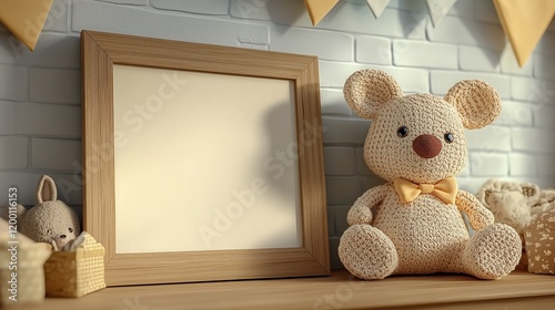 Crocheted bear and decorative elements on shelf in cozy room setting with blank frame