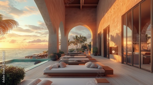Luxurious resort terrace at sunset featuring lounging area overlooking the ocean and palm trees