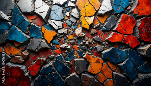 The image presents an abstract background characterized by a fractured composition, where geometric shapes and organic forms collide in a harmonious disarray. Bold, vibrant colors