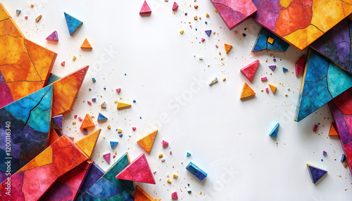 Abstract wallpaper with a fragmented composition, geometric shapes of broken and cracked ceramics of vibrant colors on a white background