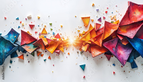 Abstract wallpaper with a fragmented composition, geometric shapes of broken and cracked ceramics of vibrant colors on a white background