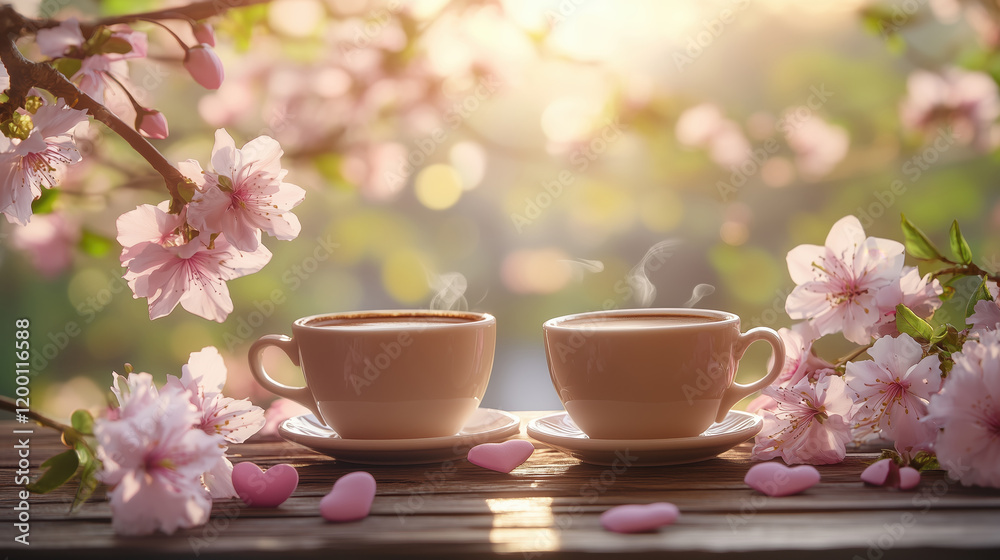 Relaxing morning with coffee surrounded by blooming cherry blossoms in a tranquil setting Relaxing morning with coffee surrounded by blooming cherry blossoms in a tranquil setting