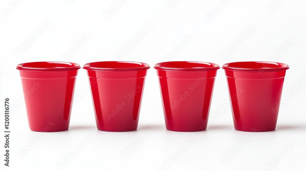 Four Red Plastic Cups on White Background Four Red Plastic Cups on White Background
