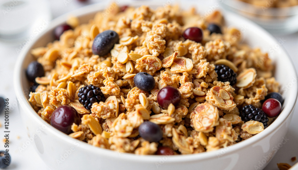 Bowl of homemade granola topped with berries, healthy breakfast idea Bowl of homemade granola topped with berries, healthy breakfast idea
