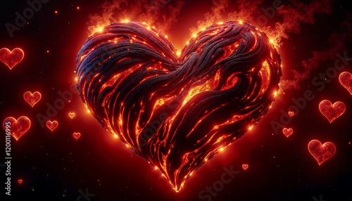 Burning Hearts made of lava. Love and Saint Valentine´s concept.