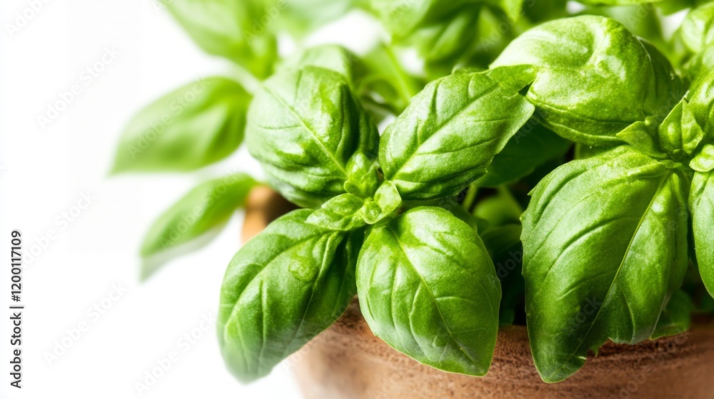 Close-up of vibrant green basil leaves in a terracotta pot. Fresh, fragrant herb perfect for cooking. Close-up of vibrant green basil leaves in a terracotta pot. Fresh, fragrant herb perfect for cooking.