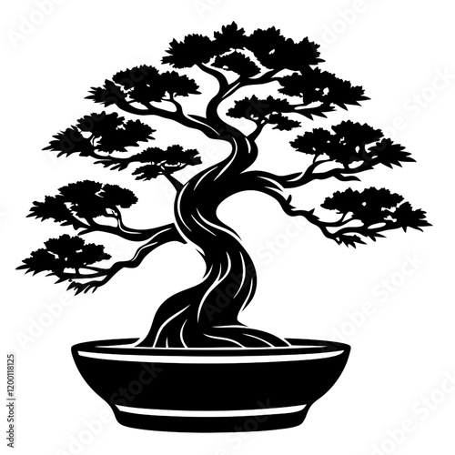 Bonsai Tree Silhouette:  A stark, black and white silhouette of a bonsai tree, a symbol of patience, resilience, and the beauty found in the smallest of things.