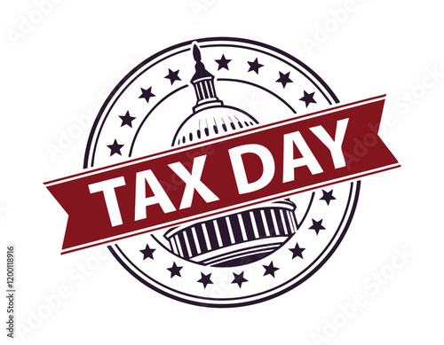 tax day emblem featuring the u.s. capitol dome with a red banner and stars, symbolizing the annual deadline for filing taxes in the united states.