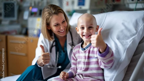 Happy child patient giving thumbs up with female doctor while sitting on hospital bed. Bald kid in striped purple pajamas smiling together with pediatrician. Childhood cancer awareness.