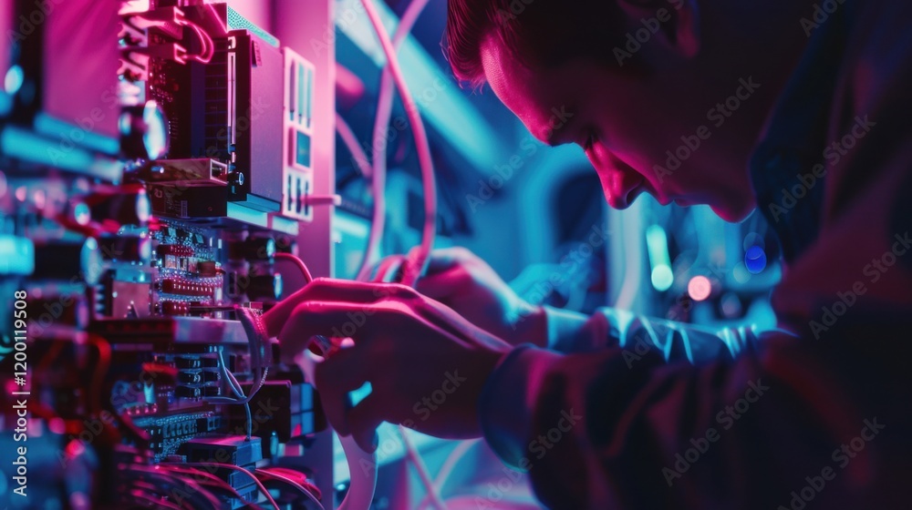 Obraz premium A technician repairing intricate circuits inside a complex computer system in a high-tech lab, Tech lab scene, Detail-oriented and futuristic style