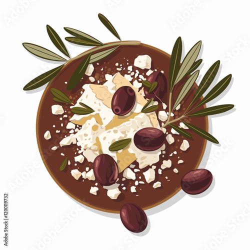 Crumbled Feta Cheese with Olives and Olive Leaves