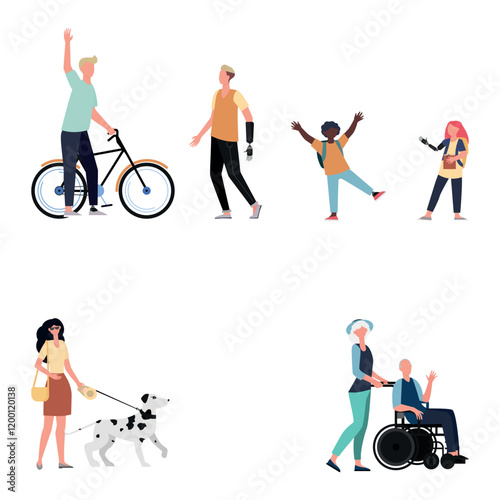 People with limited abilities in life and everyday life. On a transparent background.