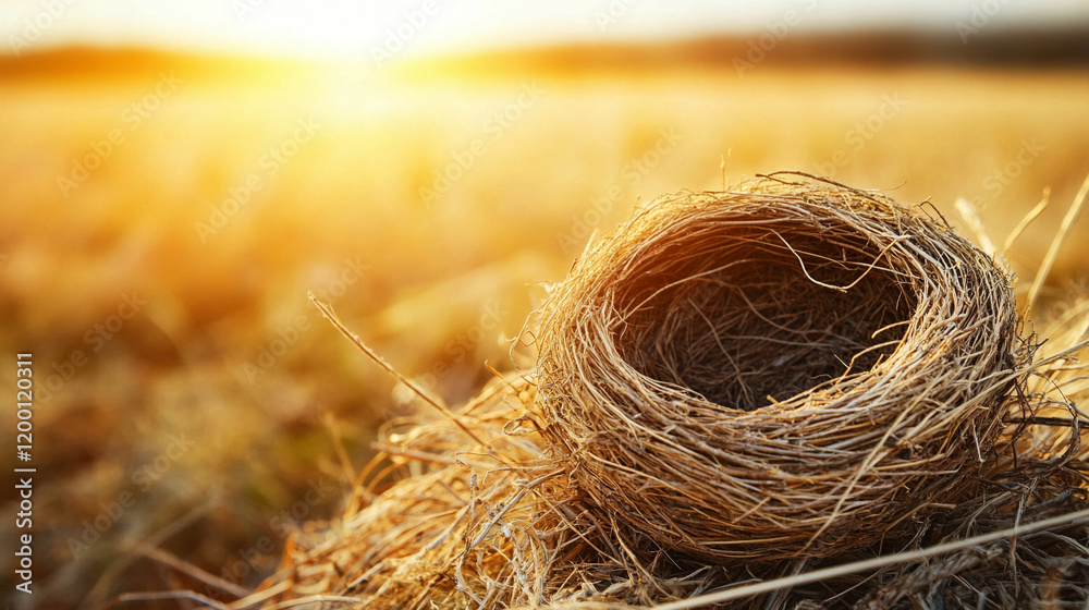 A bird's nest on a bare branch, bathed in soft sunlight, symbolizing solitude, nature’s fragility, and peace. The blurred background and empty space evoke a sense of calm amidst chaos A bird's nest on a bare branch, bathed in soft sunlight, symbolizing solitude, nature’s fragility, and peace. The blurred background and empty space evoke a sense of calm amidst chaos