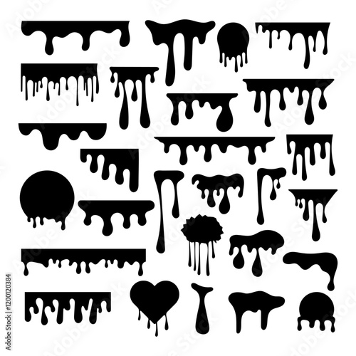 Set of Melting Drips Vector Illustration. This vector illustration features a diverse collection of melting drip designs in a solid black silhouette style.