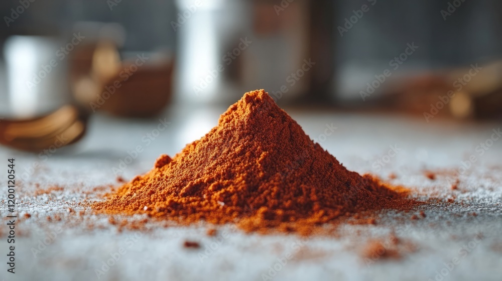 A small heap of red paprika powder with soft texture and vivid color, sharply contrasted against white A small heap of red paprika powder with soft texture and vivid color, sharply contrasted against white
