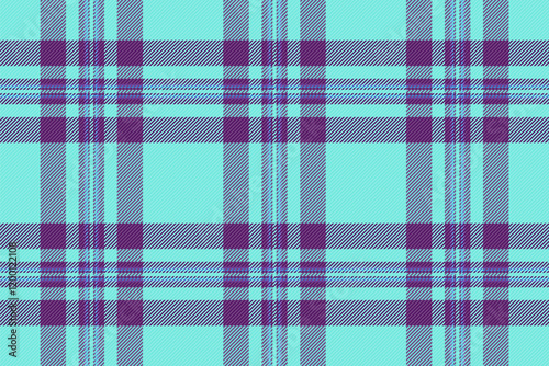 Kilt textile background seamless, t-shirt fabric texture pattern. Diagonal check vector tartan plaid in teal and purple colors.