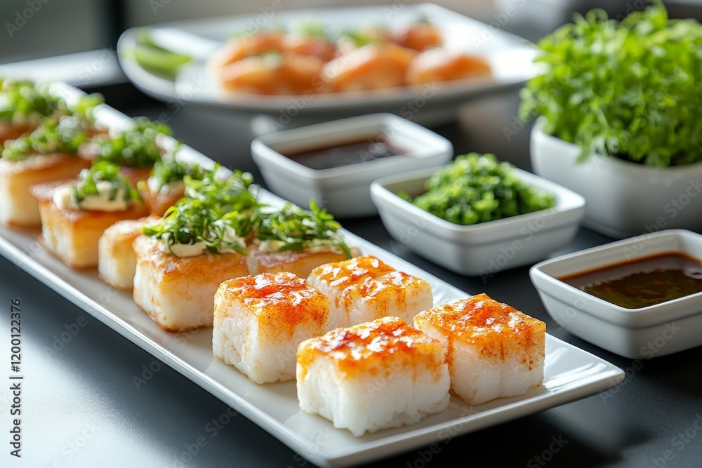 A minimalistic breakfast scene featuring a platter of sushi with various toppings and small bowls of sauces and herbs A minimalistic breakfast scene featuring a platter of sushi with various toppings and small bowls of sauces and herbs
