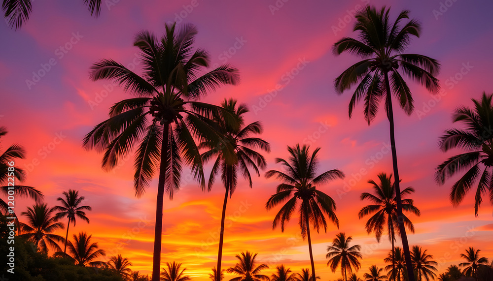 Palm trees silhouetted against vibrant sunset sky Palm trees silhouetted against vibrant sunset sky