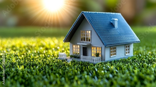 Small House on Grass in Warm Sunlight.