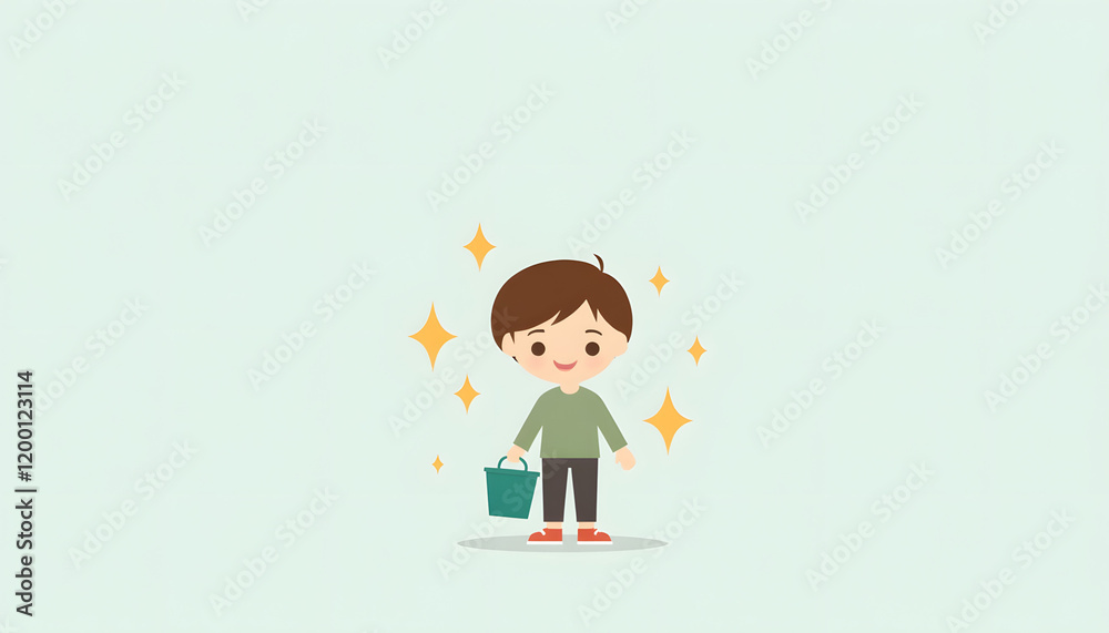 Happy boy holding a bucket against a light green background Happy boy holding a bucket against a light green background