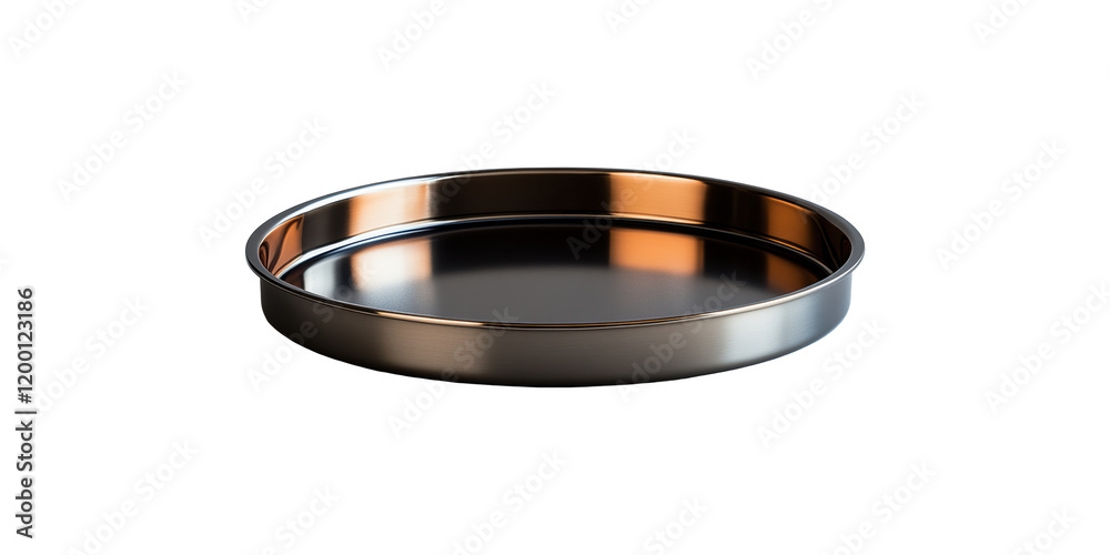 Round metal baking pan with reflective surface isolated on transparent background