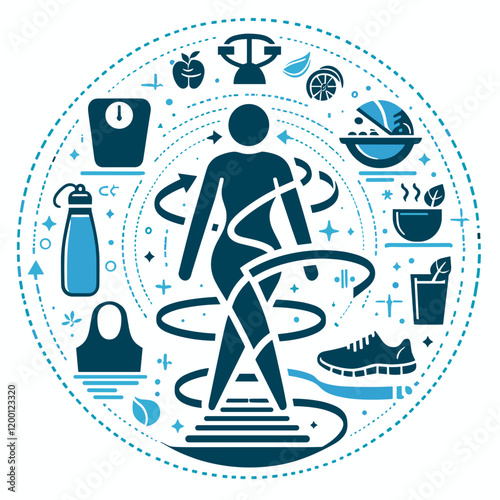 Illustration of a fitness journey highlighting weight loss, healthy habits, and nutrition in a circular design.

