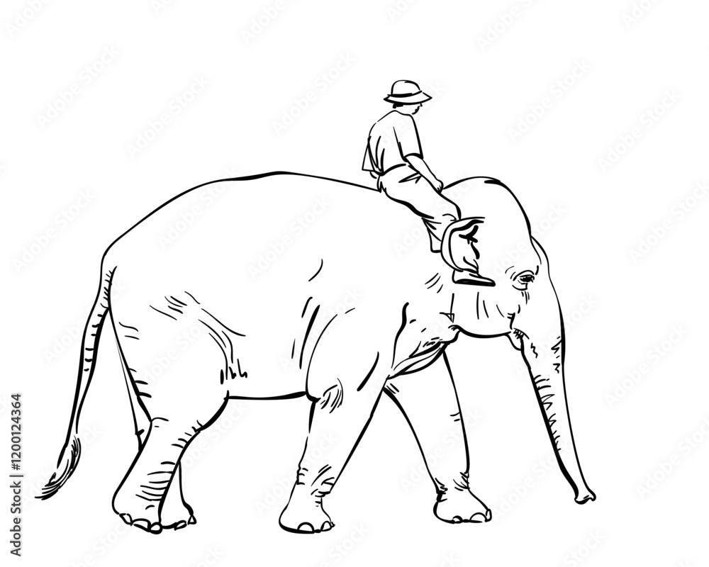 Fototapeta Man riding elephant, Hand drawn illustration isolated, Vector sketch of walking