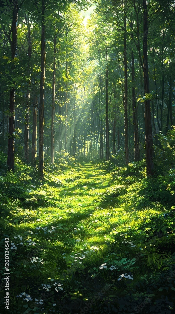Obraz premium Sunlit forest path with lush green grass and wildflowers. Ideal for nature lovers and peaceful backgrounds.