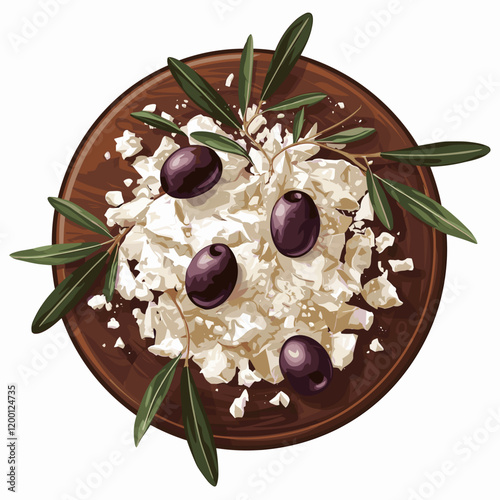 Crumbled Feta Cheese with Olives and Olive Leaves