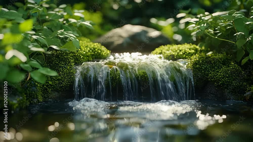 A serene view of a small waterfall surrounded by lush green foliage, showcasing nature's calming beauty. A serene view of a small waterfall surrounded by lush green foliage, showcasing nature's calming beauty.