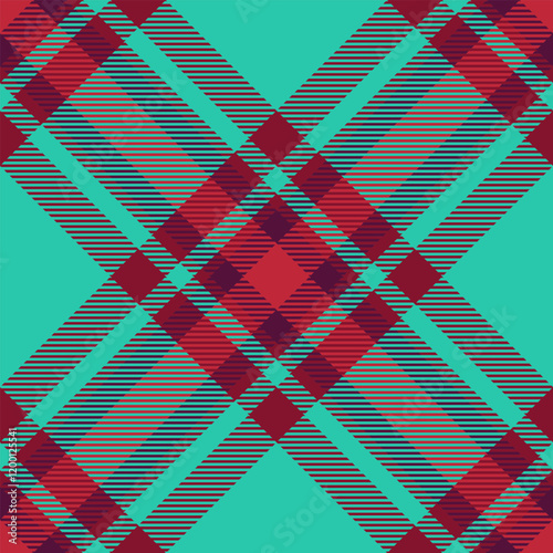 Vibrant teal and red striped plaid pattern.  Modern geometric design ideal for fashion, textiles, and website backgrounds.  Bold color scheme creates a dynamic and eyecatching visual.