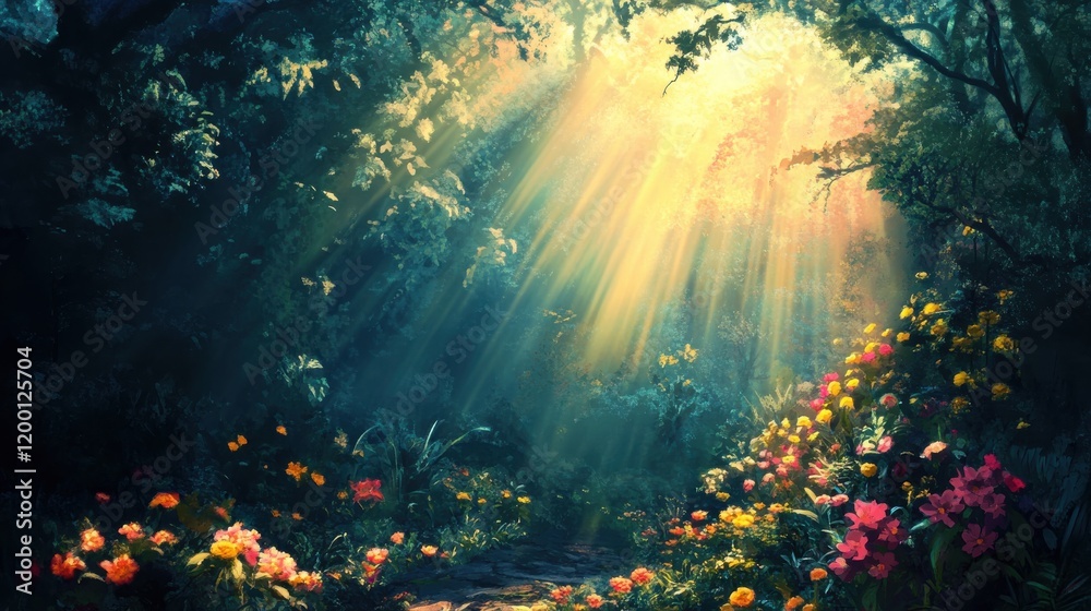 Fototapeta premium Sunbeams Illuminate Magical Forest