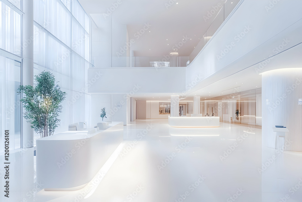Blurred view of a modern hotel lobby or office building with spacious white interior Blurred view of a modern hotel lobby or office building with spacious white interior