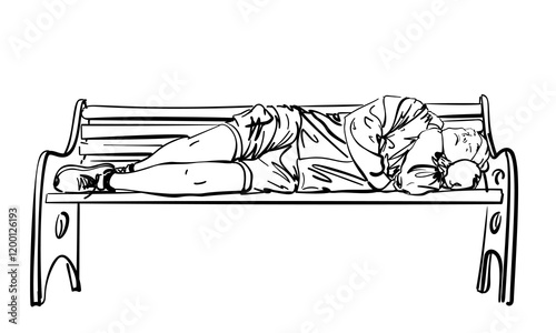 Man lying on his side sleeping on a street bench, Hand drawn illustration isolated, Vector monochrome sketch