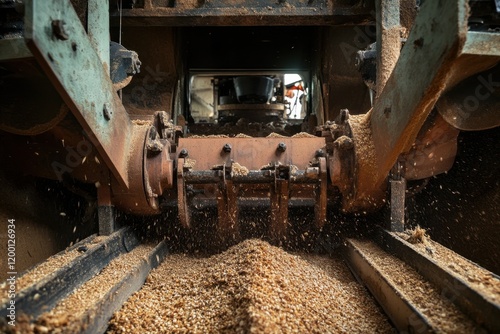 High-quality threshing process in a combine harvester effectively separating grain from chaff during harvest season photo