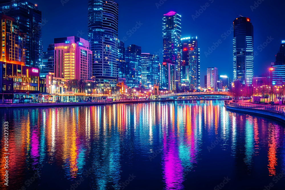 City skyline at night with illuminated buildings and vibrant reflections City skyline at night with illuminated buildings and vibrant reflections