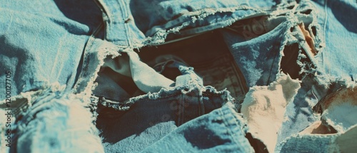 Worn denim with frayed edges and faded color showcasing texture and individuality photo