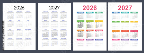 2026 and 2027 calendar set. Vector pocket calender design. Week starts on Sunday. January, February, March, April, May, June, July, August, September, October, November, December